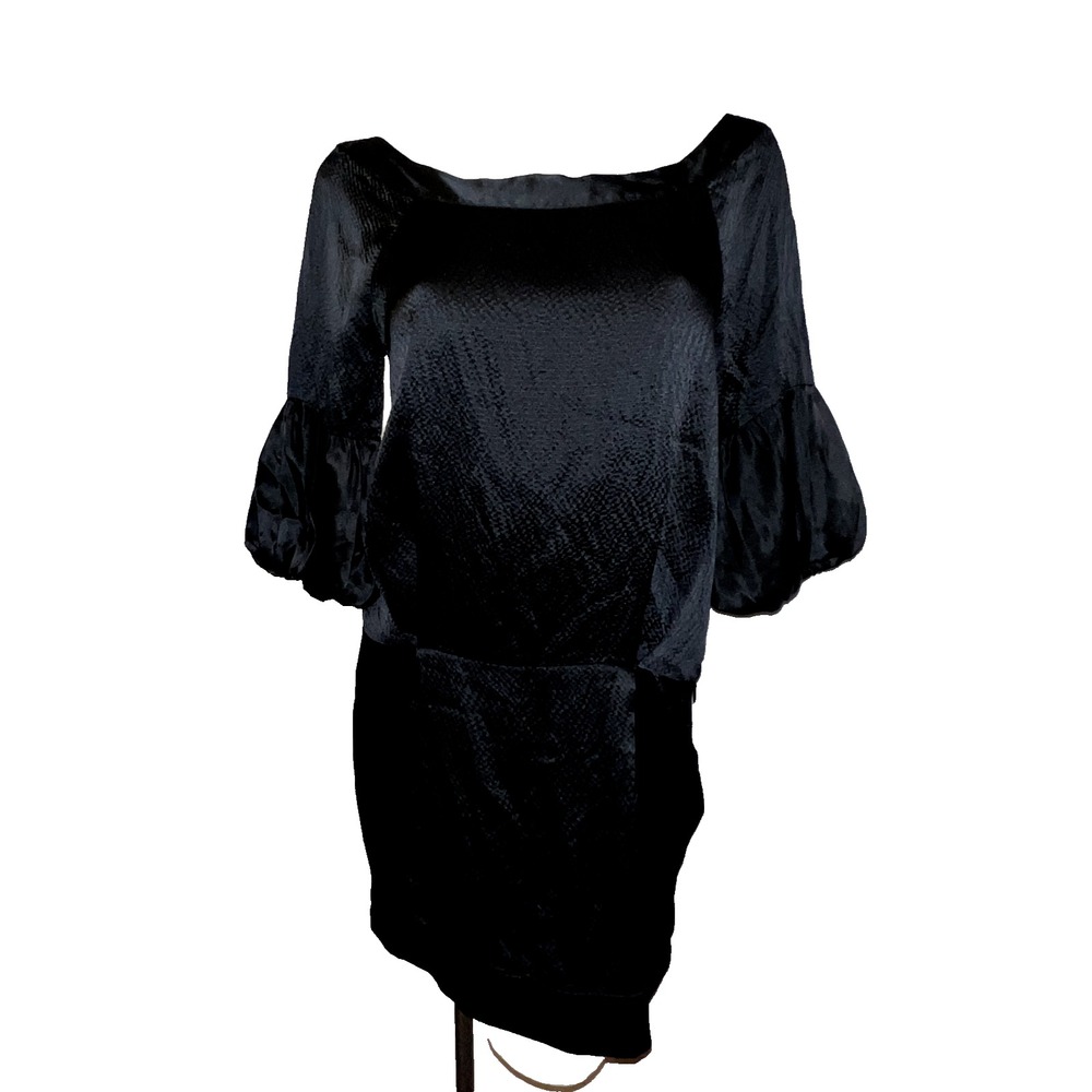 Black Textured Jacquard Puff Sleeve Boat Neck Mini Cocktail Dress LBD Size M